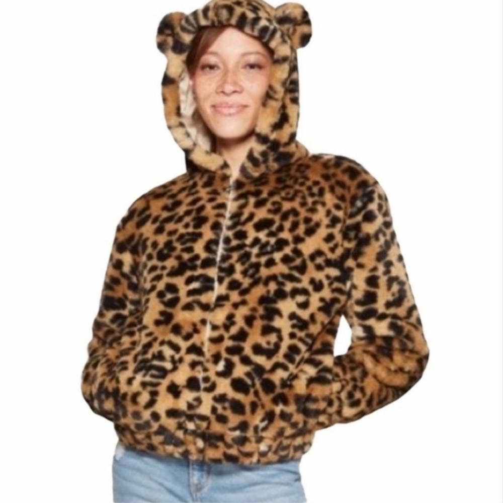Faux Fur Hooded Zip Front Jacket